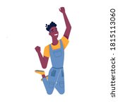 Man or black boy jumping with happy smile, vector African American guy isolated flat cartoon. Young teenager black man with dark skin jumps and smiles with raised hands, success, happiness or luck concept