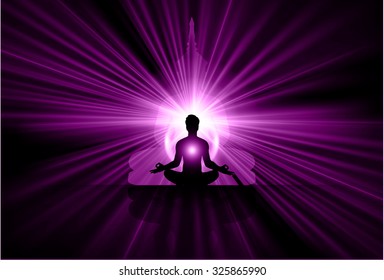 Man and Black Buddha silhouette against Dark purple background