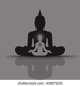 Man and Black Buddha silhouette against Dark gray background