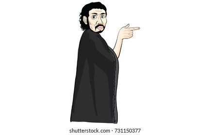 man in black cape points