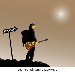 
The man in black is carrying a backpack on his back in the handle of the guitar. On the black hills Labeled with the word Success beside,brown  and moon background