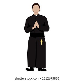 a man in a black cassock, full-length, stands and prays with his hands folded in front of him