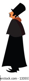 A man with a black colored coat, tall top hat and a black colored pointed shoe, vector, color drawing or illustration.