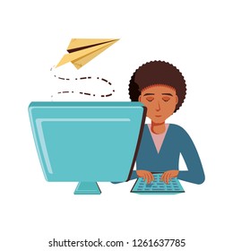 man black with desktop computer and airplane paper