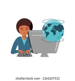 man black with desktop computer and planet earth