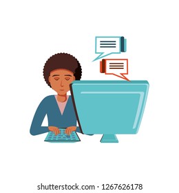 man black with desktop computer and speech bubbles