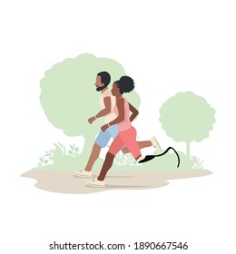 A man and a black girl with a prosthetic leg run in the park. Active lifestyle. Background vector illustration.