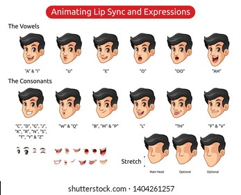 Man With Black Hair Cartoon Character Design For Animating Lip Sync And Expressions, Vector Illustration.