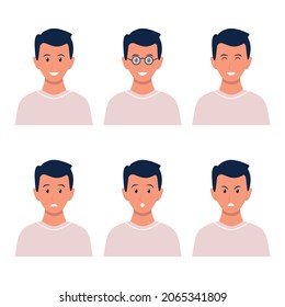 Man with black hair and different face emotions set. Guy face expression collection. Cartoon male character portraits. Vector isolated on white