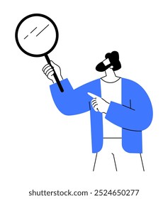 Man with black hair holding a magnifying glass and pointing. He wears a blue shirt and gray pants. Ideal for themes like research, searching, guidance, exploration, and investigation. Minimalist flat