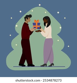 A man with black hair presents a gift to a dark-skinned woman with dark hair. The image is a vector graphic set against a blue background.