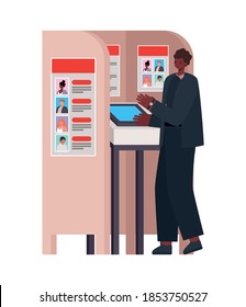 man with black hair and black suit in a voting booth vector illustration design