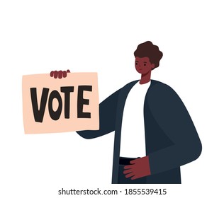 man with black hair, black suit, wristwatch and poster vote vector illustration design