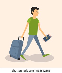 A man with black hair is walking with suitcase, passport and tickets. Vector illustration isolated on a white background.