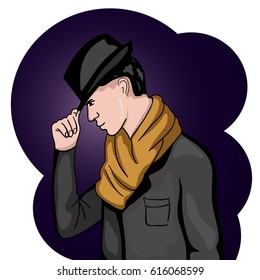 Man in the black hat, holding one hand over his hat. Greeting gesture. Vector illustration