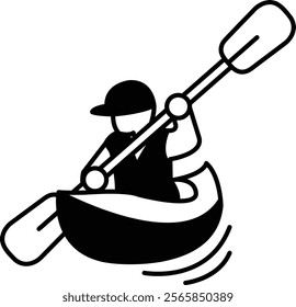 A man in a black hat and black shirt paddles a canoe. The man is in the middle of the canoe and the canoe is in the water. The man is paddling with a paddle