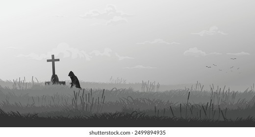 Man in black hood pays respect to a grave in the field monochromatic minimalism landscape graphic illustration have blank space at sky.