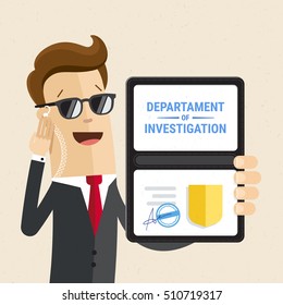 Man in black from Investigation Department  shows identity document.  Vector, illustration, flat.