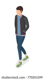 Man in black jacket, blue jeans and sneakers side view vector isolated on white. Student or college boy cartoon character, stylish guy
