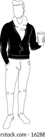 A man in a black jacket and a large scarf stands with hot coffee.Character cartoon flat isolated colored drawing sketch continuous line minimalism illustration