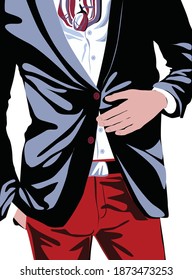 man in a black jacket and red trousers