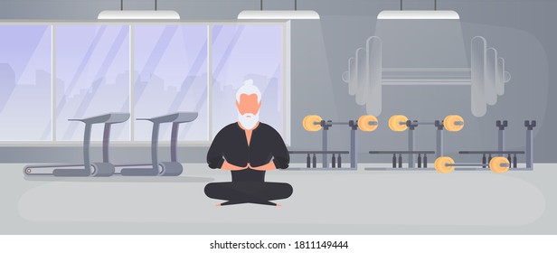 A man in a black kimono meditates. Kung Fu Master. The guy is doing yoga. Vector.