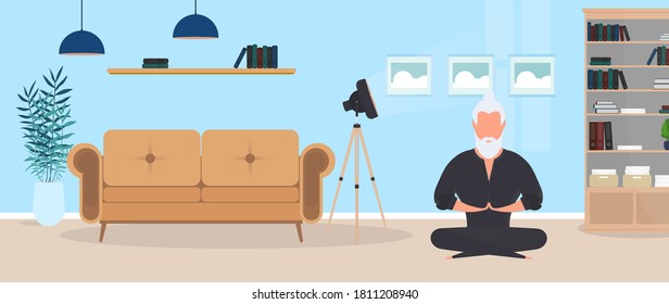 A man in a black kimono meditates. Kung Fu Master. A guy practicing yoga. Vector.