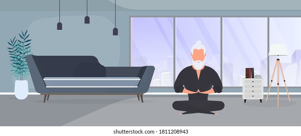 A man in a black kimono meditates. Kung Fu Master. A guy practicing yoga. Vector.