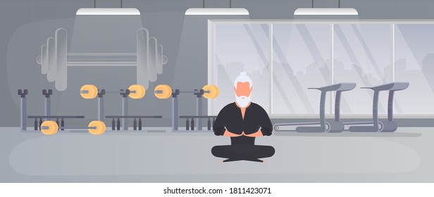 A man in a black kimono meditates. Kung Fu Master. The guy is doing yoga. Vector.