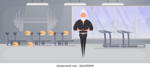 A man in a black kimono meditates. Kung Fu Master. The guy is doing yoga. Vector.
