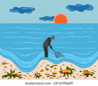 Man with black landing net looking for amber on a Baltic sea. A lot of amber stones with seaweeds on a sandy Baltic beach. Sun and clouds. Rainy day. Baltic sea. Flat vector design. Sunlight