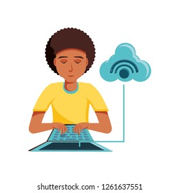man black with laptop and cloud computing
