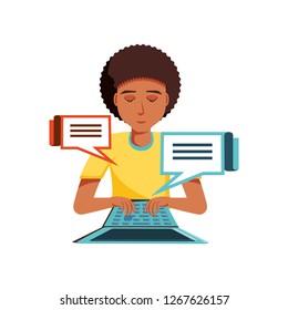 man black with laptop and speech bubbles