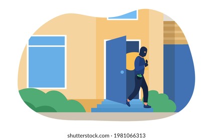 Man in black mask breaking into house and robbing it. Concept of burglar, criminal stealing money and robbing places. Crime scene with burglar holding sack of money. Flat cartoon vector illustration