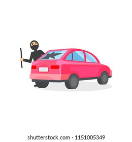 Man in black mask broke window in pink automobile. Car thief. Robber with crowbar in hand. Criminal behavior. Flat vector icon