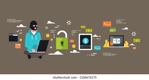 Man Black Mask Sitting At Computer Hacker Activity Concept Viruses Data Privacy Attack Internet Information Security Flat