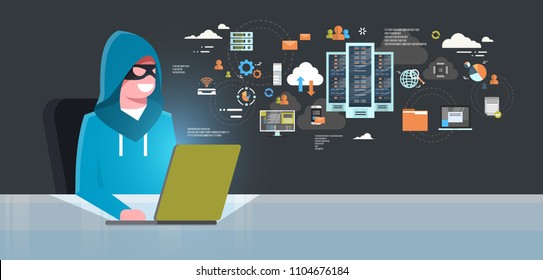 Man Black Mask Sitting At Computer Hacker Activity Concept Viruses Data Privacy Attack Internet Information Security Flat