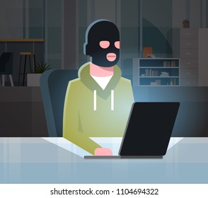 Man Black Mask Sitting At Computer Hacker Activity Concept Viruses Data Privacy Attack Internet Information Security Flat