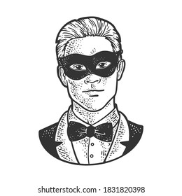 Man in black masquerade mask sketch engraving vector illustration. T-shirt apparel print design. Scratch board imitation. Black and white hand drawn image.