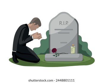 A man in black mourning clothes is kneeling on the grave. Prayer on a grave with a tombstone on the background of a fence and greenery. A flower and a candle on the grave. Funeral and farewell 