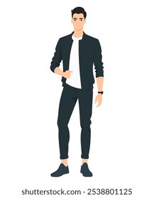 Um homem de calças e jaquetas pretas, uma camiseta branca cria contraste e adiciona frescor. O estilo parece minimalista e casual.