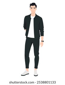 A man in black pants and jackets, a white T-shirt creates contrast and adds freshness. The style looks minimalist and casual.