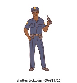 Man black policeman in uniform and cap with a portable radio in hand. Worker security and law enforcement. People of professions. Vector colored sketch of realistic illustration