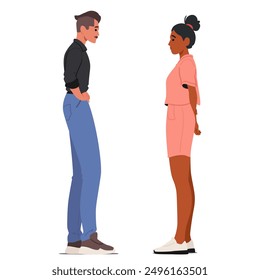 Man In Black Shirt And Blue Pants Leans Forward Slightly, Conversing With Woman In Pink Dress Who Stands With Her Arms Behind Her Back. Cartoon Characters In A Side Profile View. Vector Illustration