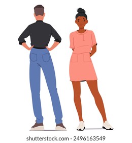 Man In A Black Shirt And Blue Pants Stands With Hands On Hips, Facing Away From A Woman In A Pink Dress Who Stands With Her Arms Behind Her Back. Male and Female Cartoon Characters Vector Illustration