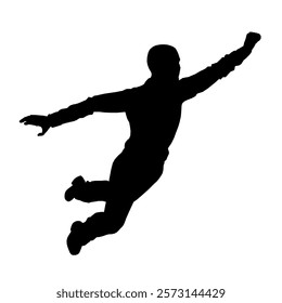 Man in a black shirt and pants is leaping into the air. He is in the process of catching a ball