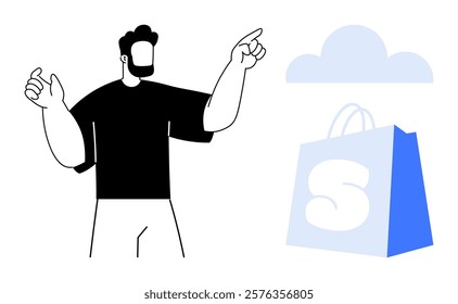 Man in black shirt points towards cloud and shopping bag with letter S. Ideal for e-commerce, online shopping, technology, advertising, and digital marketing. Modern, simple, minimalistic