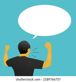 A man in black shirt raises his both hands. Blank speech balloon for copy space. Vector illustration of showing expression. 