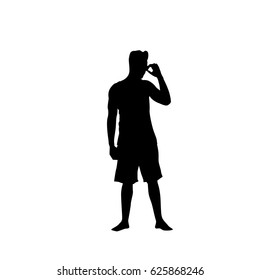Man Black Silhouette Speak On Cell Smart Phone Call Standing Full Length Over White Background Vector Illustration