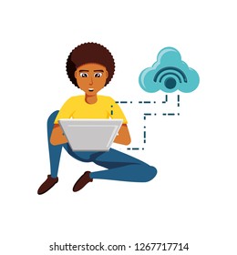 man black sitting with laptop and cloud computing